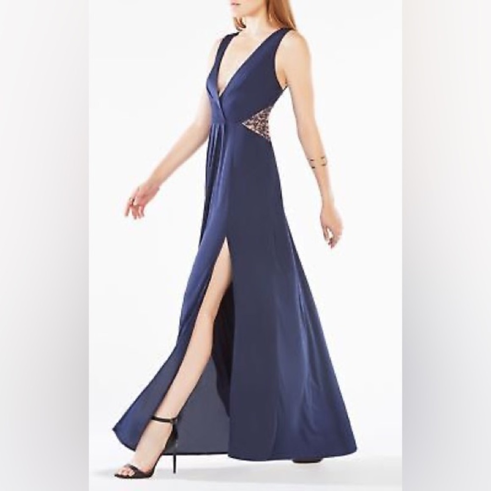BCBG MaxAzria 'Hasani' Dark Navy Embroidered Plunge Side Slit Gown - Picture 2 of 3